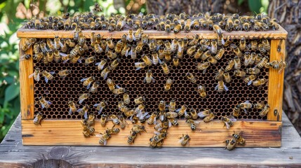 Bees swarm a wooden honeycomb frame outside on a wooden surface with blurred vegetation behind.