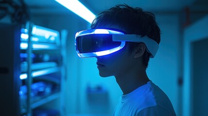 Young man using VR headset in a futuristic blue-lit room.
