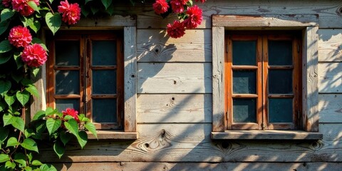 Rustic wooden house exterior with climbing flowering vines framing two aged windows bathed in sunlight