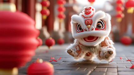Obraz premium playful lion dance puppet leaps joyfully among red lanterns, symbolizing celebration and tradition. vibrant colors and festive atmosphere create lively scene