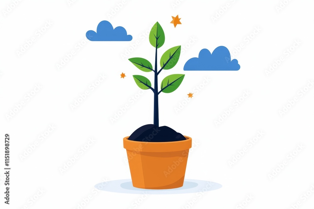 Poster a flat design of a graph with a sprouting plant at its peak, rendered in bold, cheerful colors on a 