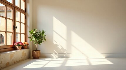 Sunlight streams through a large window illuminating a minimalistic room with potted plants
