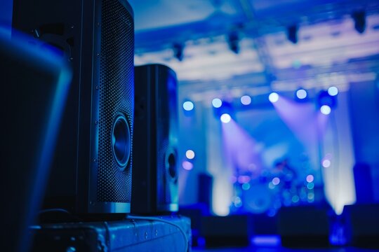 Professional audio speakers stand ready, illuminated by blue stage lights, awaiting a live music performance
