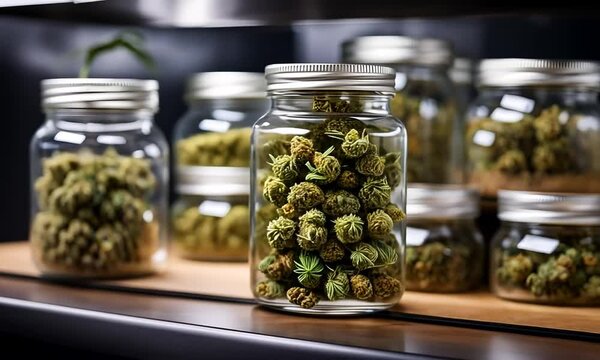 Jars of marijuana in a store.