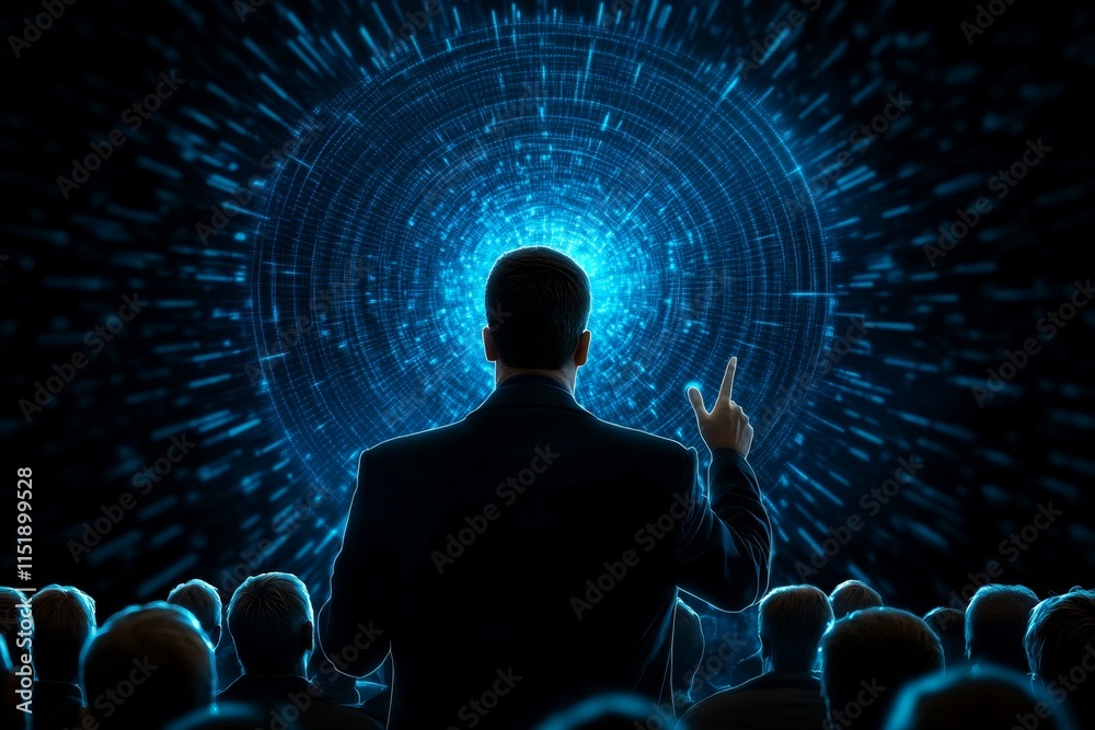 Poster a futuristic 3d illustration of a guide teaching a group of astronauts in a high-tech space station,
