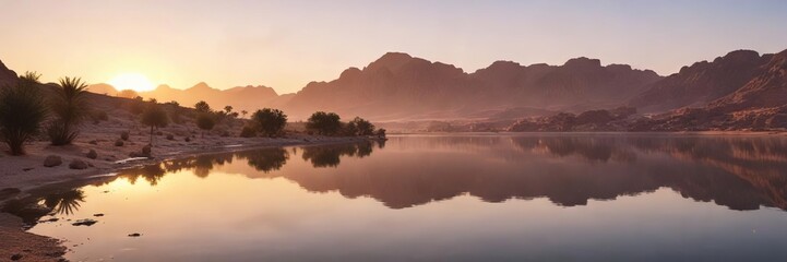 Fototapeta premium Desert landscape with reflections on Al Qudra lake at sunrise, Desert Landscapes, Morning Light