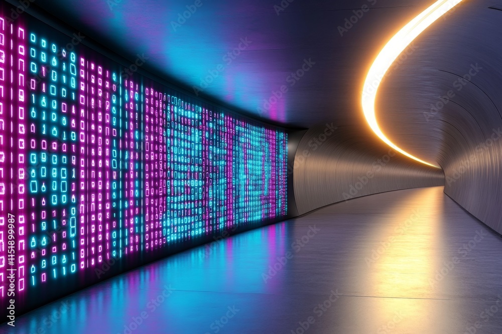 Poster a futuristic graph glowing in neon colors, displayed as a hologram in a high-tech meeting room
