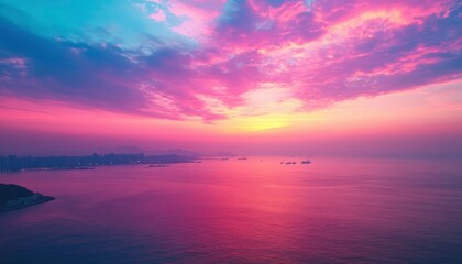 Naklejka premium Vibrant Pink Sunset Over Coastal Cityscape And Ocean