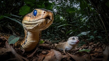 Obraz premium Snake and Small Mammal Encounter in Rainforest Habitat