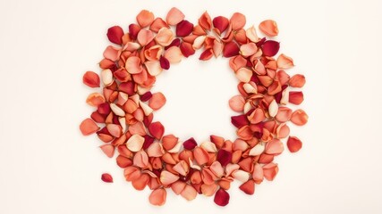 A delicate circle of soft pink and crimson rose petals, arranged in a whimsical pattern, creating a romantic and ethereal frame.