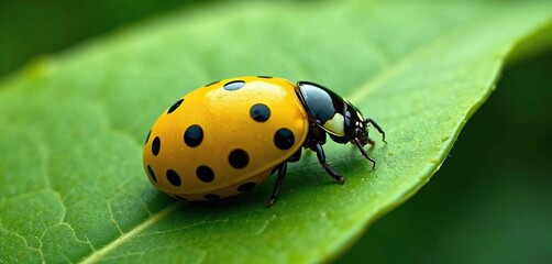 Fototapeta premium Yellow ladybird pupa resting on a smooth green leaf surface , insect, nature, leaf