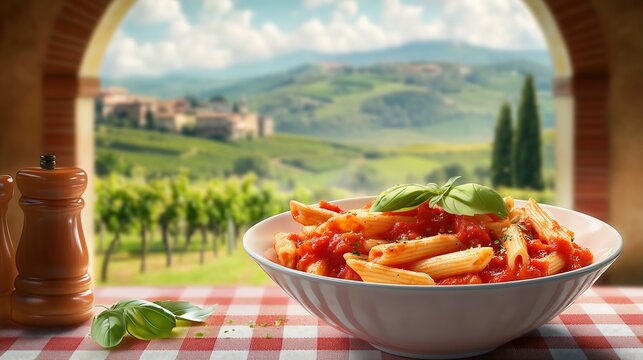 A bowl of vibrant penne arrabbiata bolognese in a spicy tomato sauce, topped with chili flakes and fresh basil leaves; placed on a checkered tablecloth with a scenic Italian vineyard 