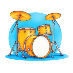 Bright orange drum set with cymbals on blue background, perfect for music lovers