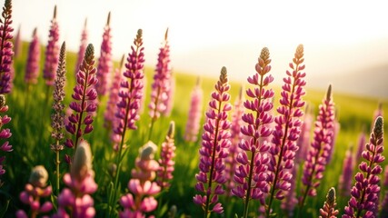 A Field of Vibrant Lupine Flowers Bathed in the Warm Glow of the Setting Sun