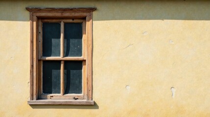 Fototapeta premium A weathered wooden-framed window set into a pale yellow stucco wall, casting a shadow, suggesting age and quiet solitude.