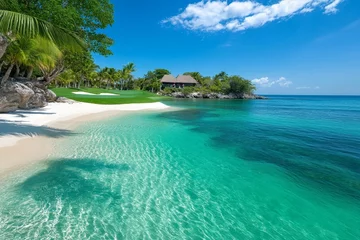 Poster de jardin  A golf course set in a tropical paradise, surrounded by palm trees, white sandy beaches, and crystal-clear water hazards  © Thanyarat