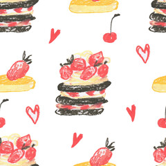 Pink desserts wax crayons seamless pattern on white insulated background. Textural and food repeating pattern. Design for textiles, wrapping paper and wallpaper.