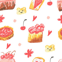 Pink desserts wax crayons seamless pattern on white insulated background. Textural and food repeating pattern. Design for textiles, wrapping paper and wallpaper.