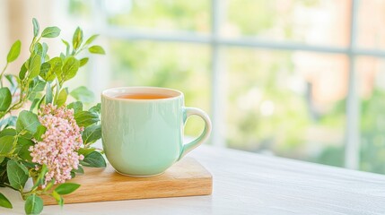 Obraz premium Holistic health business. A serene scene featuring a green mug of tea beside fresh flowers on a wooden surface with a bright window view.