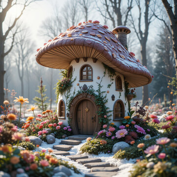 Casita de duende con forma de seta amanita muscaria en un bosque rodeada de flores