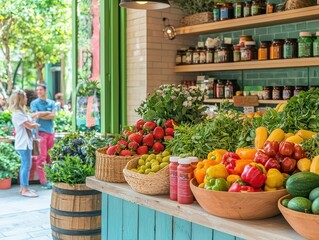 Holistic health business. Colorful market display with fresh fruits and vegetables under natural light.
