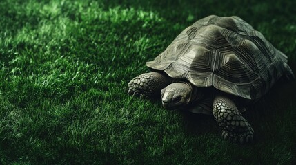 Fototapeta premium A close-up of a Galapagos tortoise against a grassy background, designed with negative space for text.
