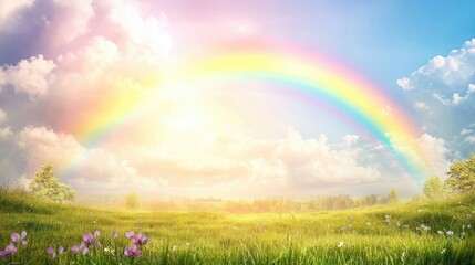 Serene Rainbow Arcs Over Lush Green Field and Sky