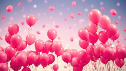 A cluster of pink balloons float against a soft, pastel sky, filled with joy and celebration, symbolizing dreams taking flight