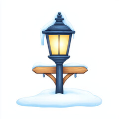 vintage street lamp covered in snow, illuminating winter scene with wooden signpost