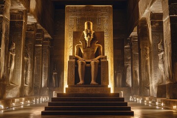 A Black man in ancient Egyptian attire sits on a pharaoh's throne depicted in a hyper-realistic front view.