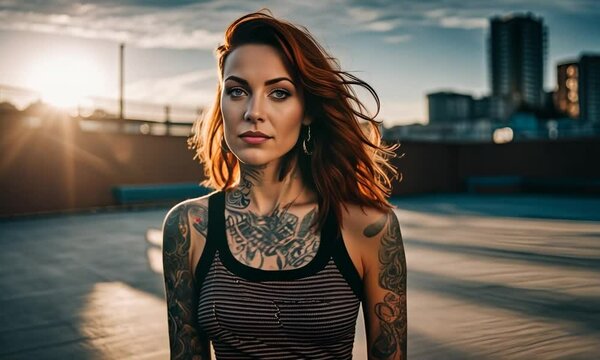 Tattooed woman at the skatepark.