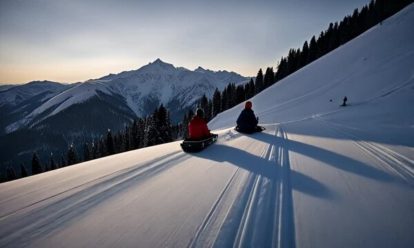 People with sleds in the snow.