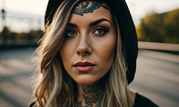 Tattooed woman at the skatepark.