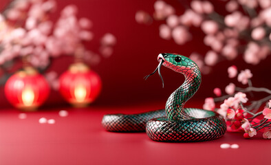 Fototapeta premium vibrant green snake with striking pattern is coiled on red surface, surrounded by delicate pink flowers and glowing lanterns, creating captivating and festive atmosphere
