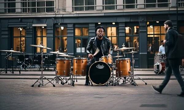 Street musician playing drums in the street.
