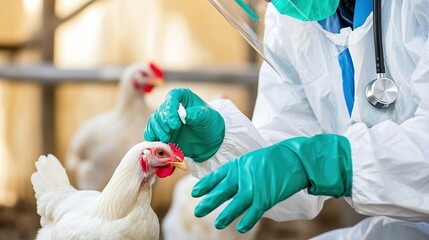 Veterinarian in protective gear carefully inspecting poultry, emphasizing health and safety in animal care.