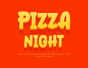 Vector artistic banner Pizza Night. Creative Yellow Font. Handwritten 3D Alphabet Letters and Numbers set.