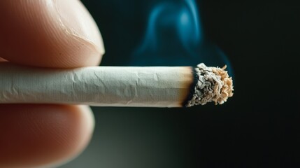 A close-up of a burning cigarette held between fingers, emitting wisps of smoke, highlighting the texture and details of the cigarette, Ideal for topics on smoking, health, addiction