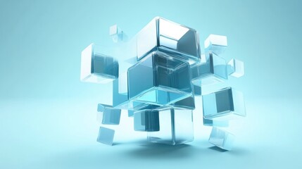 Abstract 3D Render: Exploding Glass Cubes in a Blue Haze
