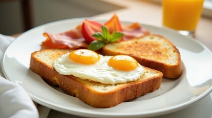 Hearty breakfast featuring fried eggs, crispy bacon, and toasted bread served on a plate