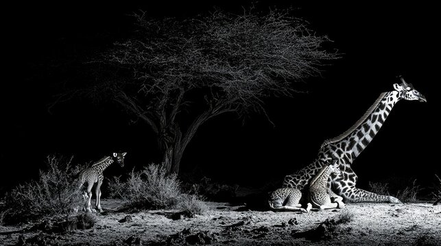 A serene moment of two baby giraffes resting by their mother in the shadow of an acacia tree during a Namibian wildlife safari.