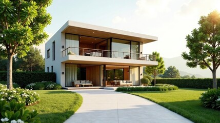 Fototapeta premium Modern Two-Story House with Expansive Balcony and Lush Landscaping, Perfect for Family Living