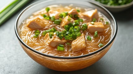 A vibrant bowl of cellophane noodles with caramelized chicken breast, garnished with green onions, placed on a moody grey backdrop.