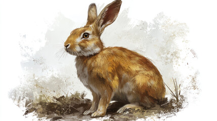 Fototapeta premium A cute rabbit in the snow and on the beach, showcasing its fluffy fur and adorable ears in both winter and summer settings Brown Rabbit Sitting in Grass