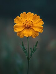 Single yellow cosmos flower on blurred background.