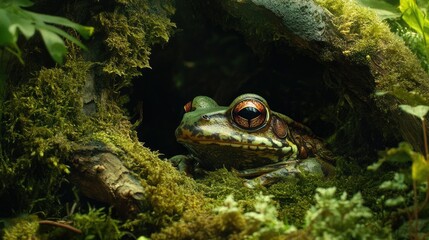 Obraz premium A well-camouflaged frog blending into its mossy surroundings, with an open space to write a message.