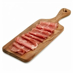 Thin slices of coppa meat arranged on wooden cutting board, ready to be served as appetizer