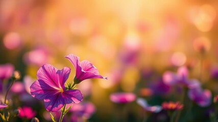 A delicate pink flower blooms in a field of soft, out-of-focus blossoms under a warm, golden sunlight.