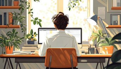 Fototapeta premium Person Working At Home Office Desk With Plants