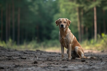 Hunting dog searching for game in a forest during a quiet morning